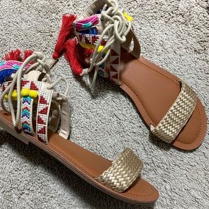 indigo rd. brown gold woven embroidered strap tassel boho bohemian beach sandals